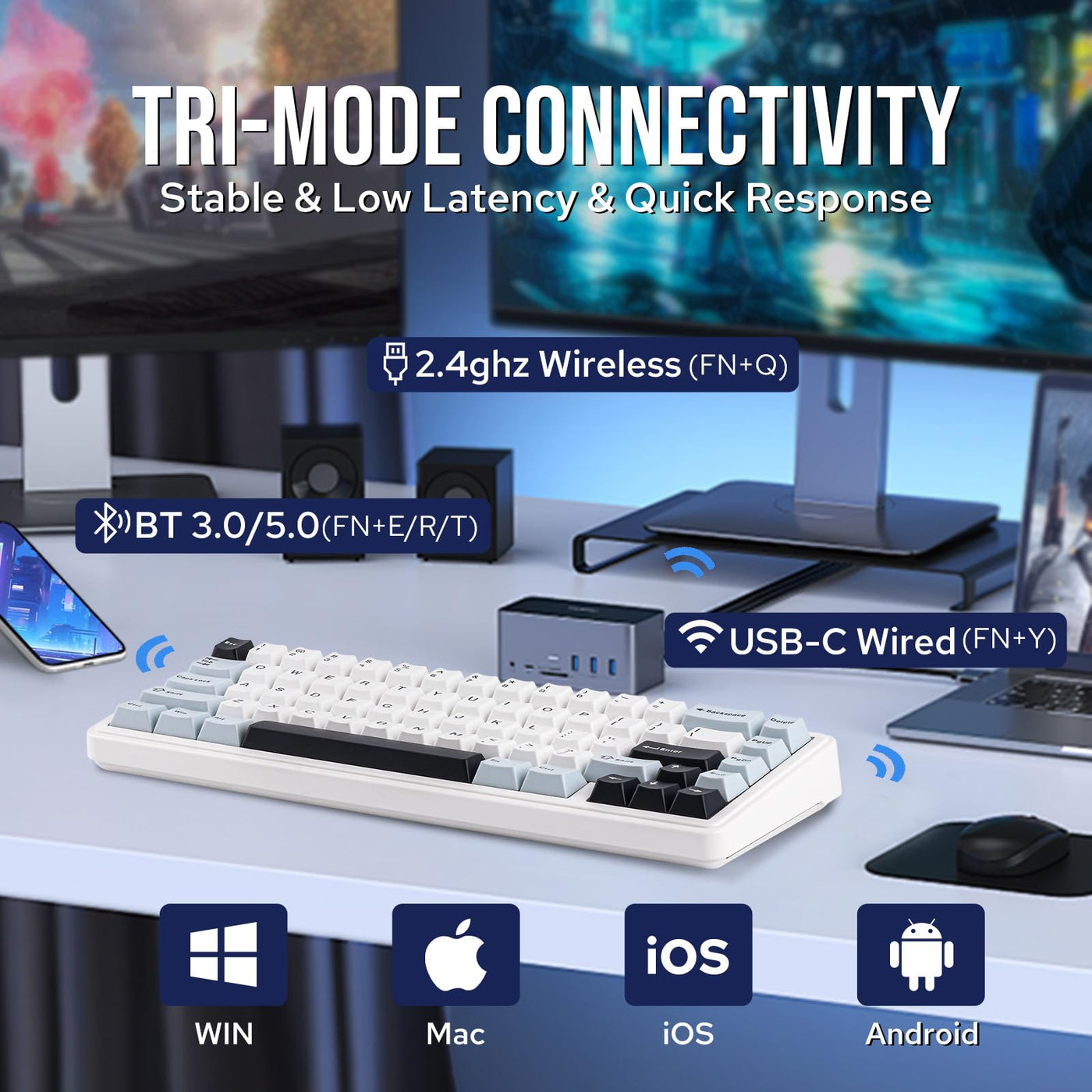EPOMAKER x Aula F65 Mechanische Tastatur Kabellose, Custom Gaming Tastatur Gasket mit Hot-Swap-fähige, RGB, Bluetooth/2,4 GHz/Kabel, geschmierte lineare Schalter (Eisiges Blau, Reaper Switch)