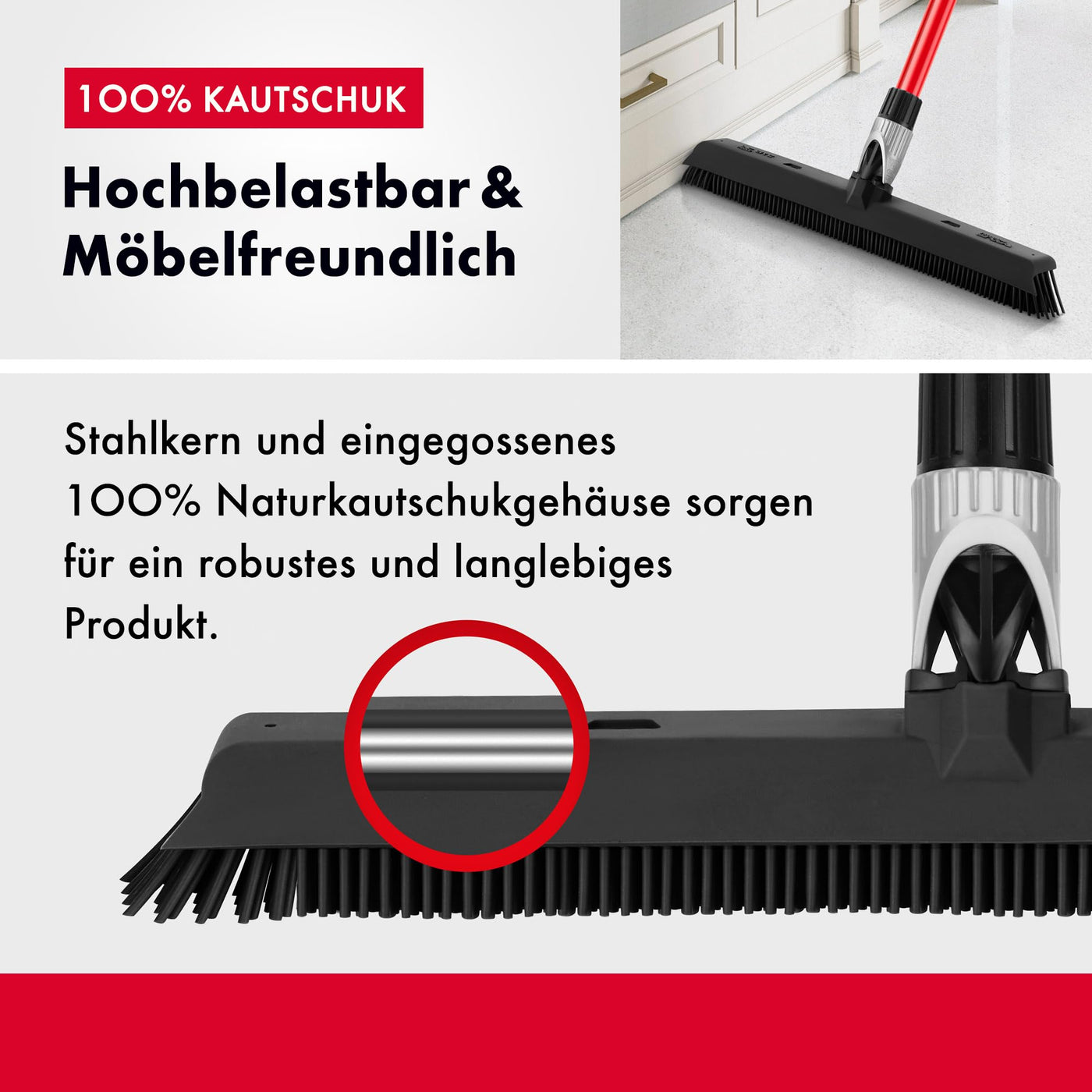 Tyroler Gummibesen & Bodenabzieher | Kehrbesen-Kopf aus 100% Naturkautschuk 41cm | Besen mit Stiel und 140cm Anti-Rost-Griff | Gummibesen mit Abzieher | Gummibesen mit Stiel | Gummibesen Tierhaare