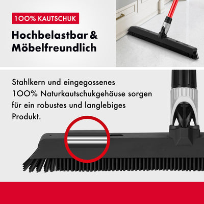 Tyroler Gummibesen & Bodenabzieher | Kehrbesen-Kopf aus 100% Naturkautschuk 41cm | Besen mit Stiel und 140cm Anti-Rost-Griff | Gummibesen mit Abzieher | Gummibesen mit Stiel | Gummibesen Tierhaare