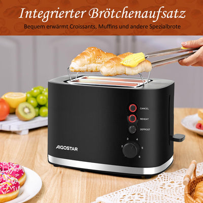 Aigostar Energy - Toaster 2 Scheiben mit Brötchenaufsatz, extra breite Toastschlitze & Brotzentrierung, 6 Bräunungsstufen, Abbruch-, Auftau- & Aufwärmfunktionen, Krümelschublade, 800W, Schwarz