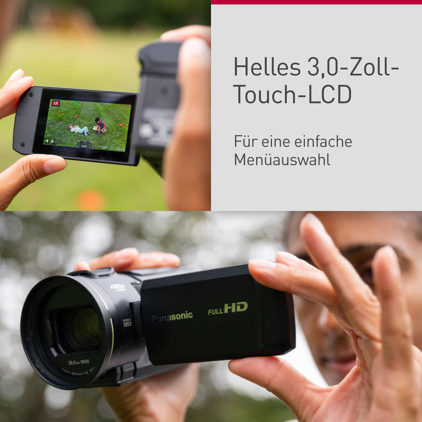 Panasonic HC-V900E-K Full-HD-Camcorder, FHD-Video, 25-mm-F1.8-Weitwinkelobjektiv, 24-facher optischer Zoom, Hybrid OIS+, HDR, Zoom-Mikrofon, Touchscreen, Schwarz