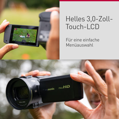Panasonic HC-V900E-K Full-HD-Camcorder, FHD-Video, 25-mm-F1.8-Weitwinkelobjektiv, 24-facher optischer Zoom, Hybrid OIS+, HDR, Zoom-Mikrofon, Touchscreen, Schwarz