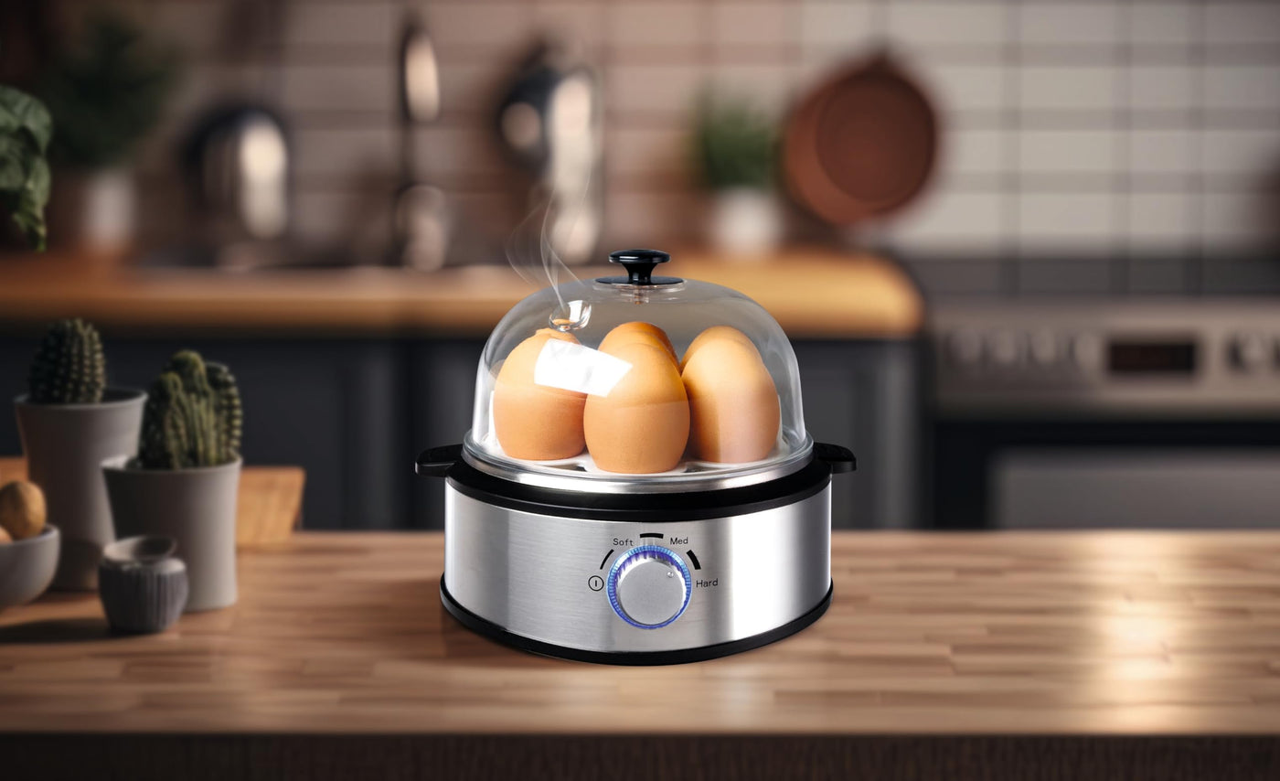 Linsar - Eierkocher Edelstahl für 1 bis 7 Eier - Egg Cooker - 420 W - Härtegradeinstellung - spülmaschinengeeignet, Kabelaufwicklung, Eierstecher