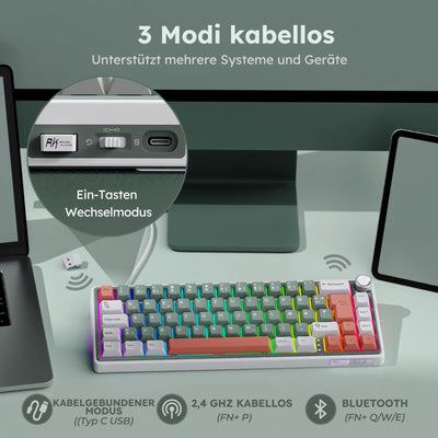 RK ROYAL KLUDGE R65 Gaming Tastatur 60 Prozent mit Knopf, Gasket Mechanische Tastatur Kabellos Bluetooth/2.4G/USB-C RGB PBT Tastenkappen QWERTZ QMK/VIA, Hot Swap Linearer Creamy Switches