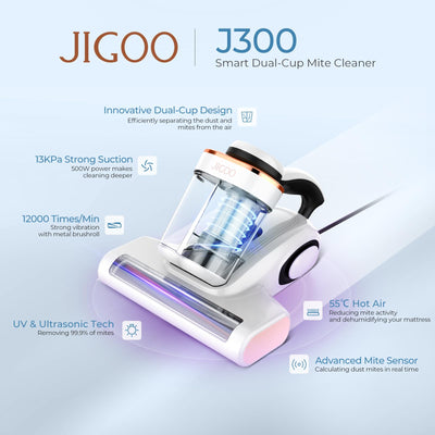 JIGOO J300 Milbensauger mit Staubmilben-Sensor und Intelligente LED-Anzeige, 500W Milbenstaubsauger mit UV-Licht, Ultraschall, Für Allergiker, entfernt 99,9% Allergene von Matratzen, Betten und Sofas