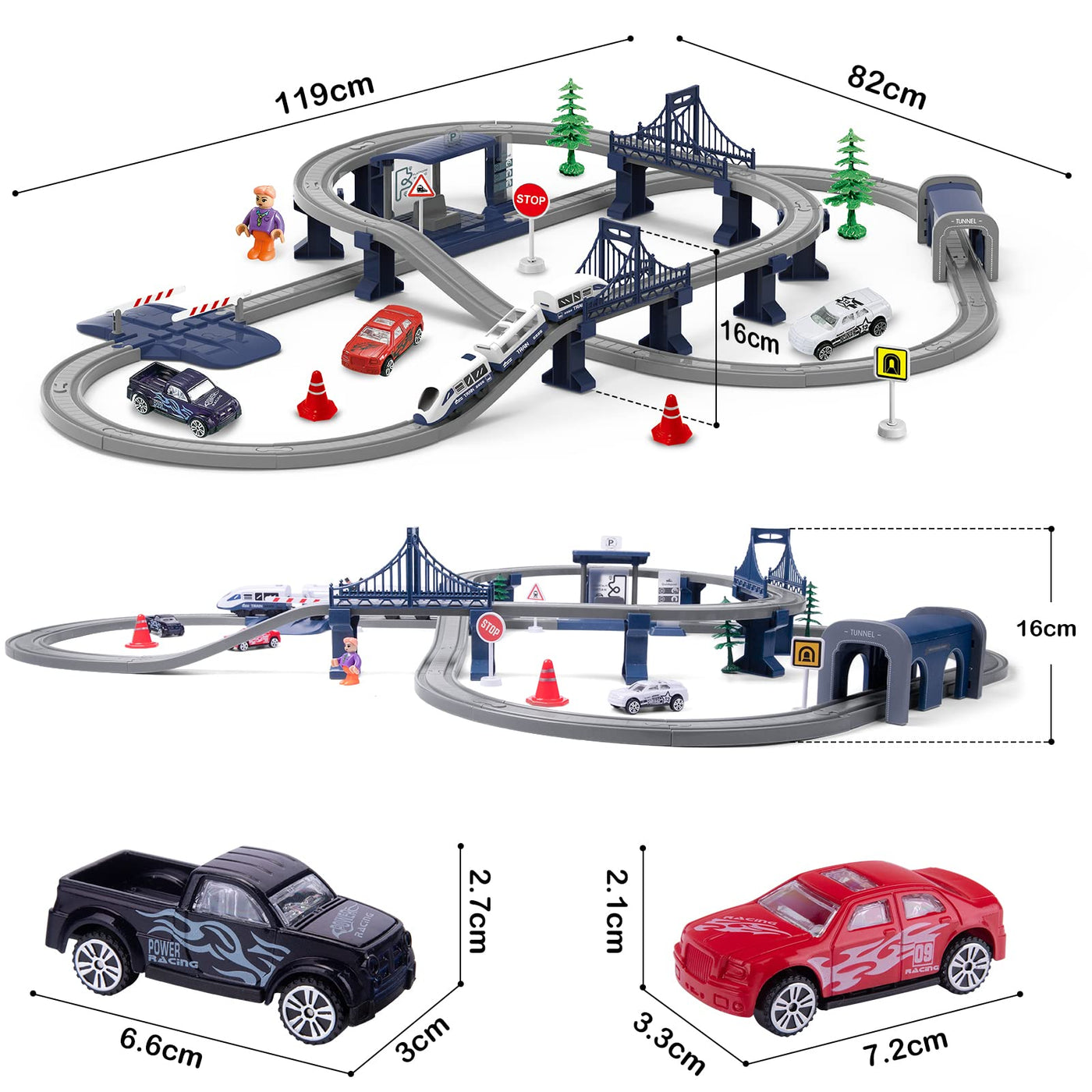 Wdmiya Elektrische Eisenbahn für Kinder ab 3 4 5 6 7 8 Jahren, Flexibler Schienensatz mit 104 Teilen, Baufahrzeuge, Pädagogisches Rennstrecken-Spiel, Weihnachten oder Geburtstag(104PCS)