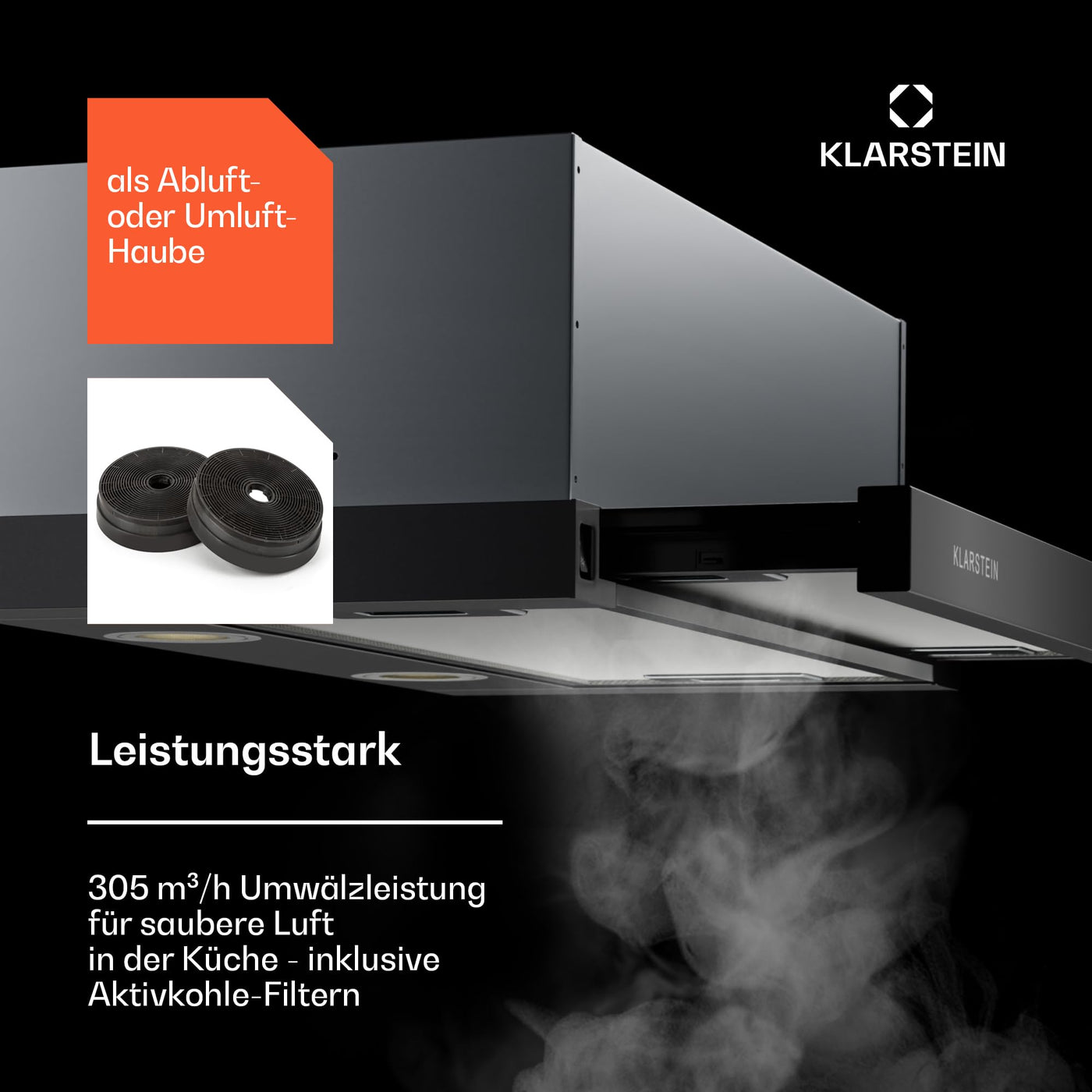 Klarstein Dunstabzugshaube 60cm, Abluft-Dunstabzugshaube mit Spülmaschinenfestem Filter aus Aluminium, Leise Abzugshaube Abluft, 305m³/h Luftstrom, Effiziente Wandhauben mit LEDs & Touch Controls