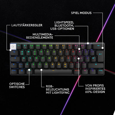 Logitech G PRO X 60 LIGHTSPEED kabellose Gaming-Tastatur, ultra-kompakte mechanische 60%-TKL-Tastatur, LIGHTSYNC RGB, Doubleshot-PBT-Tastenkappen, optische taktile, Windows PC, QWERTZ DE - Schwarz