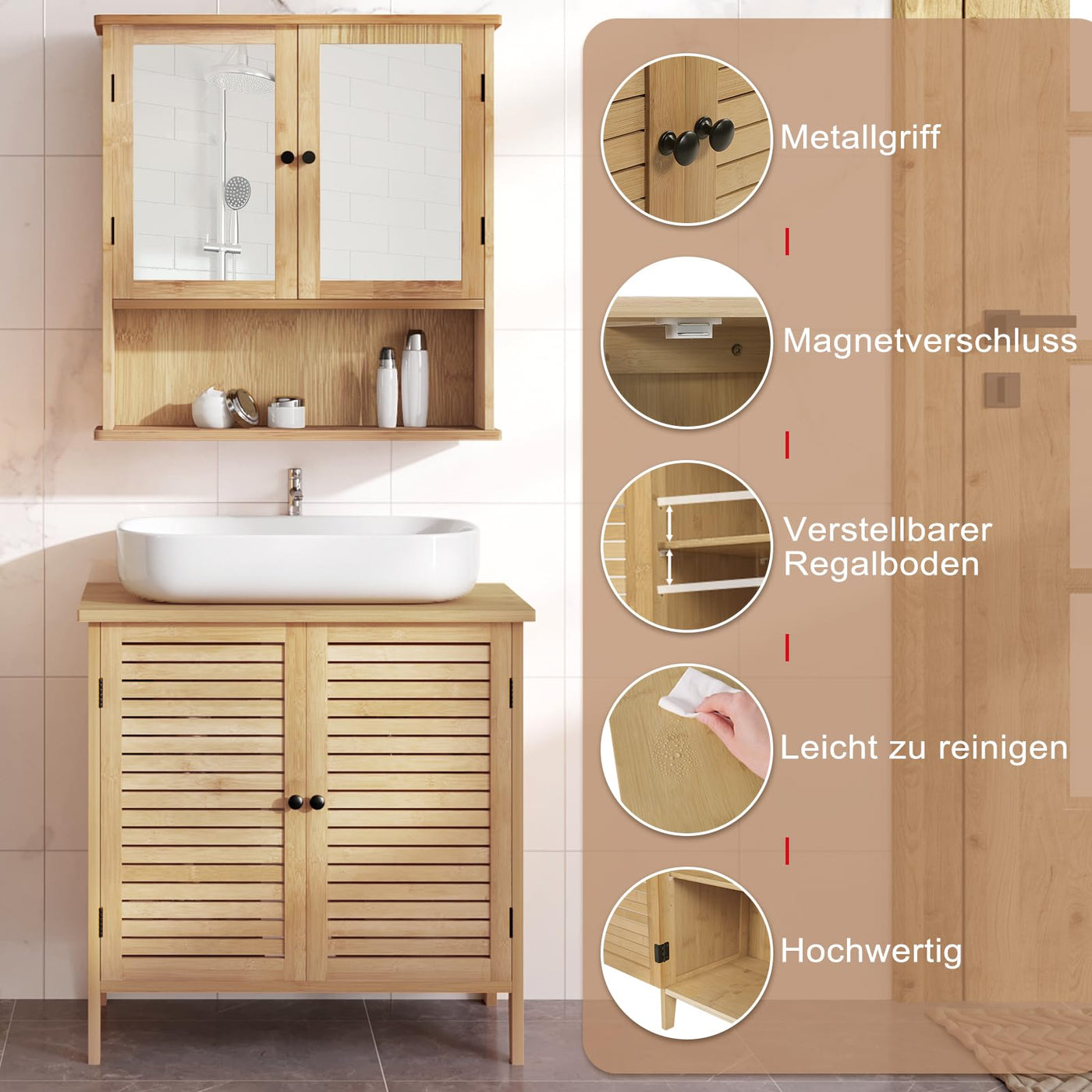 EUGAD Waschbeckenunterschrank, Badezimmer Unterschrank, aus natürlichem Material, Waschtischunterschrank, Badezimmerschrank mit 2 Lamellentüren 1 Verstellbarer Ablage, 60x60x30 cm