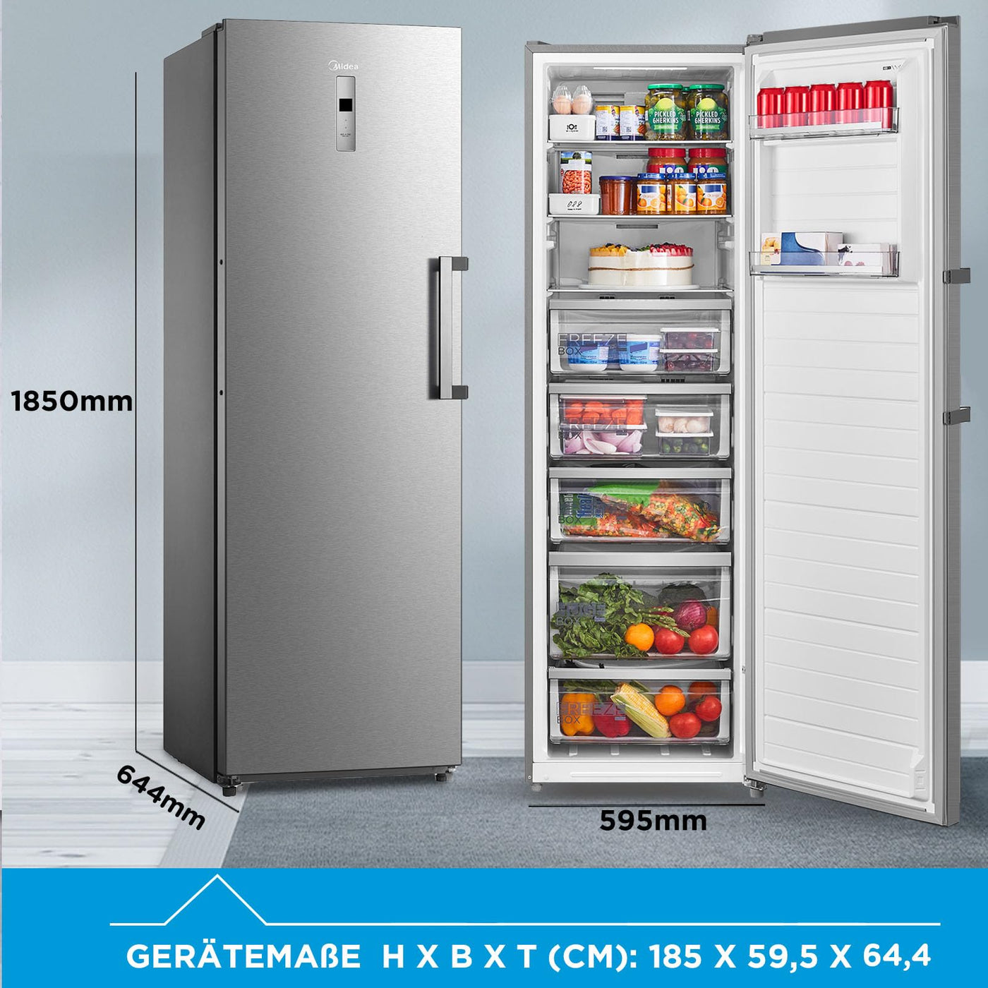 Midea MDRU385MTC02 Gefrierschrank/Kühlschrank/272L/185 cm hoch/NoFrost/Flexible Kühl- und Gefrierfunktion/Superkühl/Große Fächer/Zero Clearance/Easy Open Handgriff/Wechselbarer Türanschlag/Inox