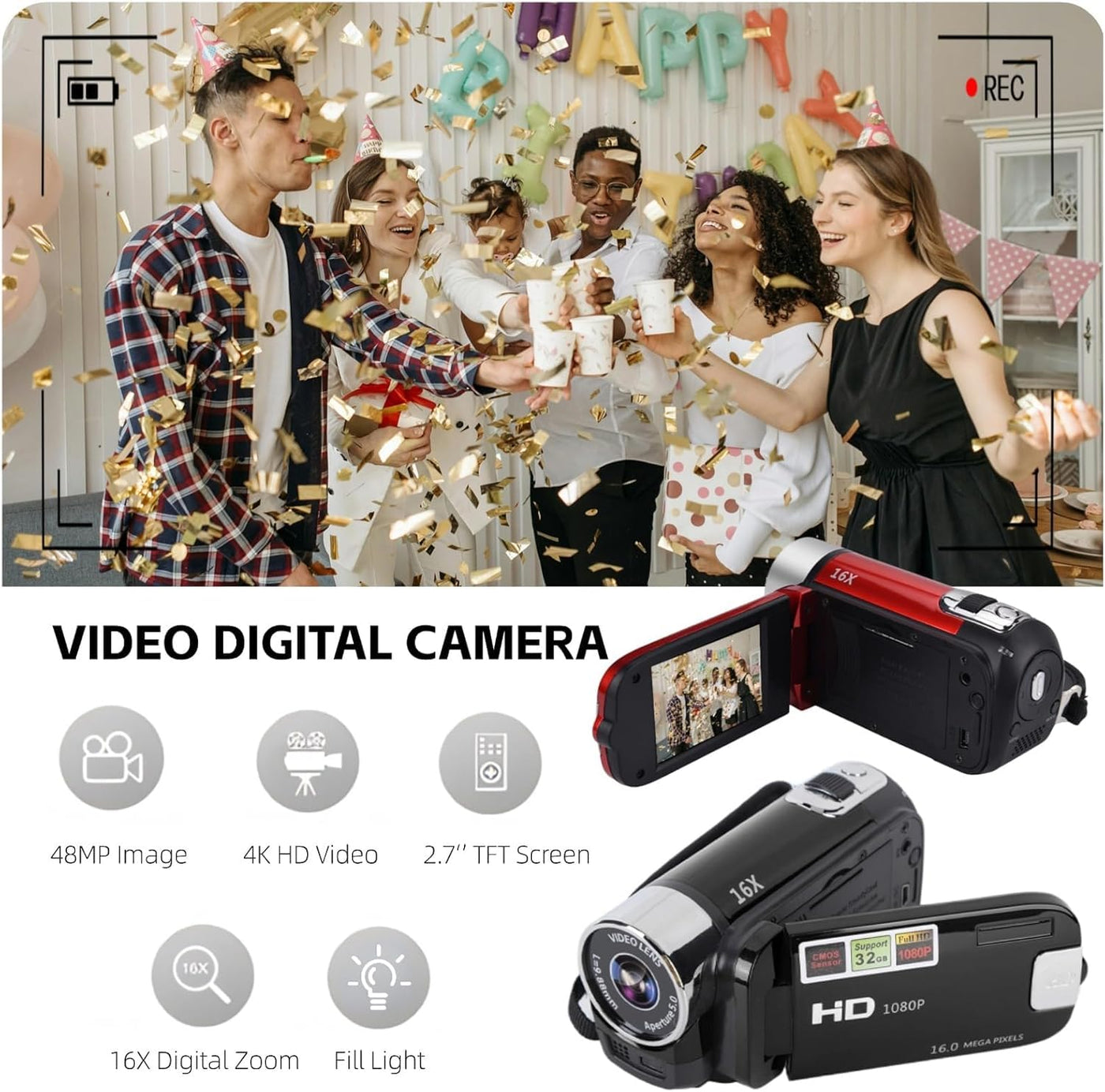Yosoo Health Gear Videokamera Camcorder, 4K 48 MP DV Handkamera, 2,7-Zoll TFT drehbarer Bildschirm, 16 facher Digitalzoom Videokamera mit USB Kabel, Kompakter Camcorder (Black)