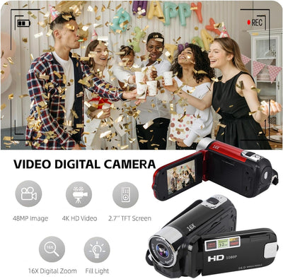 Yosoo Health Gear Videokamera Camcorder, 4K 48 MP DV Handkamera, 2,7-Zoll TFT drehbarer Bildschirm, 16 facher Digitalzoom Videokamera mit USB Kabel, Kompakter Camcorder (Black)