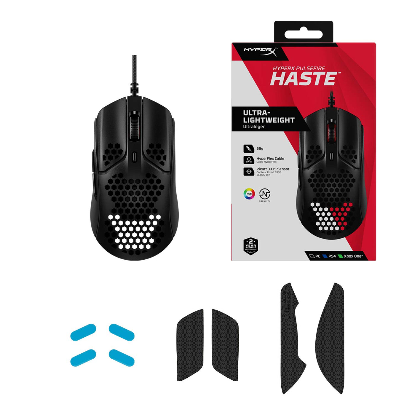 HyperX Pulsefire Haste Gaming-Maus – Ultraleicht, 59g, Wabenschale, Hex-Design, HyperFlex-Kabel, bis zu 16.000 DPI, 6 programmierbare Tasten