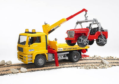 bruder 02750 - Man TGA Abschlepp-LKW mit Geländewagen - 1:16 Abschleppwagen, Abschlepper, Fahrzeug, LKW, Auto, Jeep, Werkstatt, Geländewagen