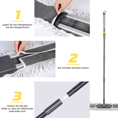 HEVOL Bodenwischer 90cm Breit | Wischmopp mit 154cm Edelstahlgriff & 360°Drehkopf | Industrieller Flachmopp für Haushalt, Büro, Hotel, Mall & Garage | Inkl. 1 Baumwollpad + 2 Mikrofaserpads