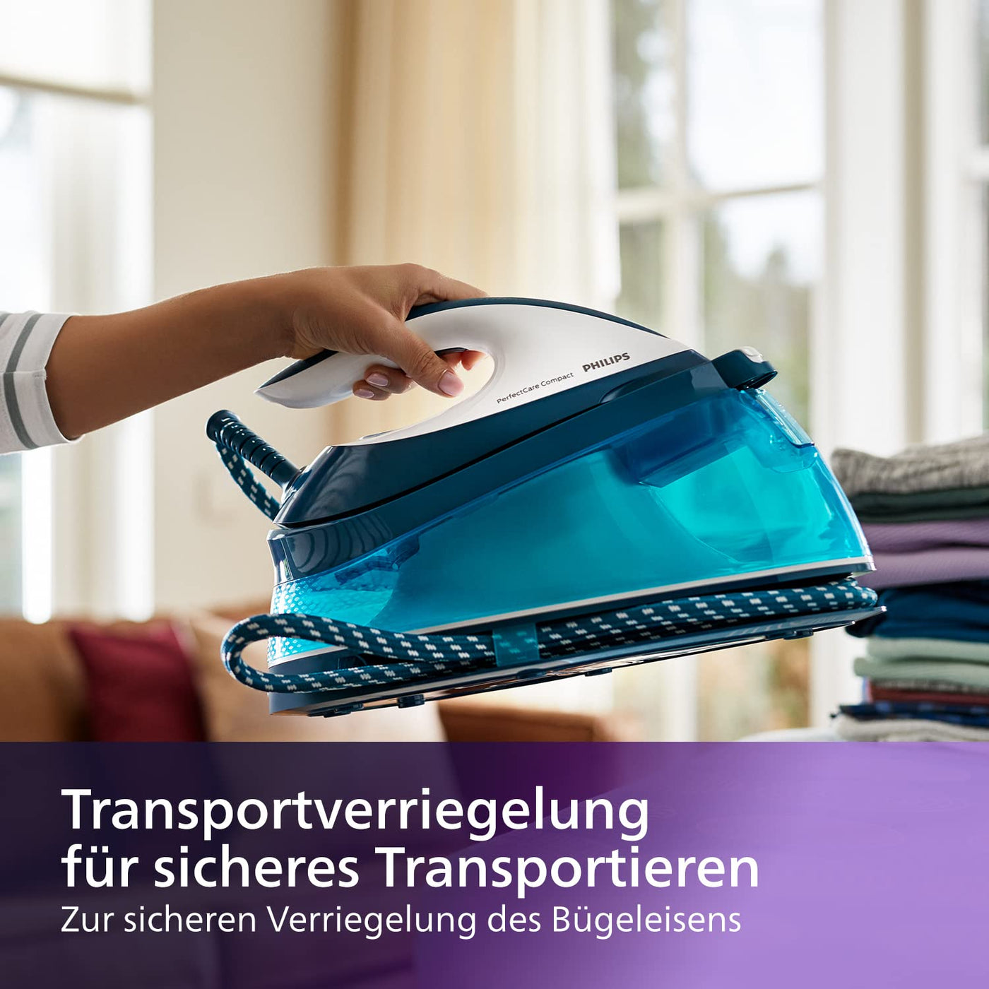 Philips PerfectCare Compact Dampfbügelstation – 6,5 Bar Pumpendruck, Dampfstoß bis zu 400 g, 1,5 l Wassertank, OptimalTEMP-Technologie, SteamGlide-Sohle, Kompakt, Schnelleres Bügeln (GC7844/20)
