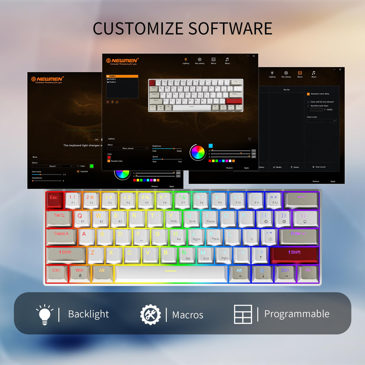 Newmen GM610 Gaming Tastatur Kabellos,60% Prozent Mechanische Bluetooth/2.4Ghz/Mit Kabel,61 Tasten RGB Beleuchtung Hot Swap Anti Ghosting TKL Mini QWERTY Keyboard für PC/Win/Mac,Rote Schalter