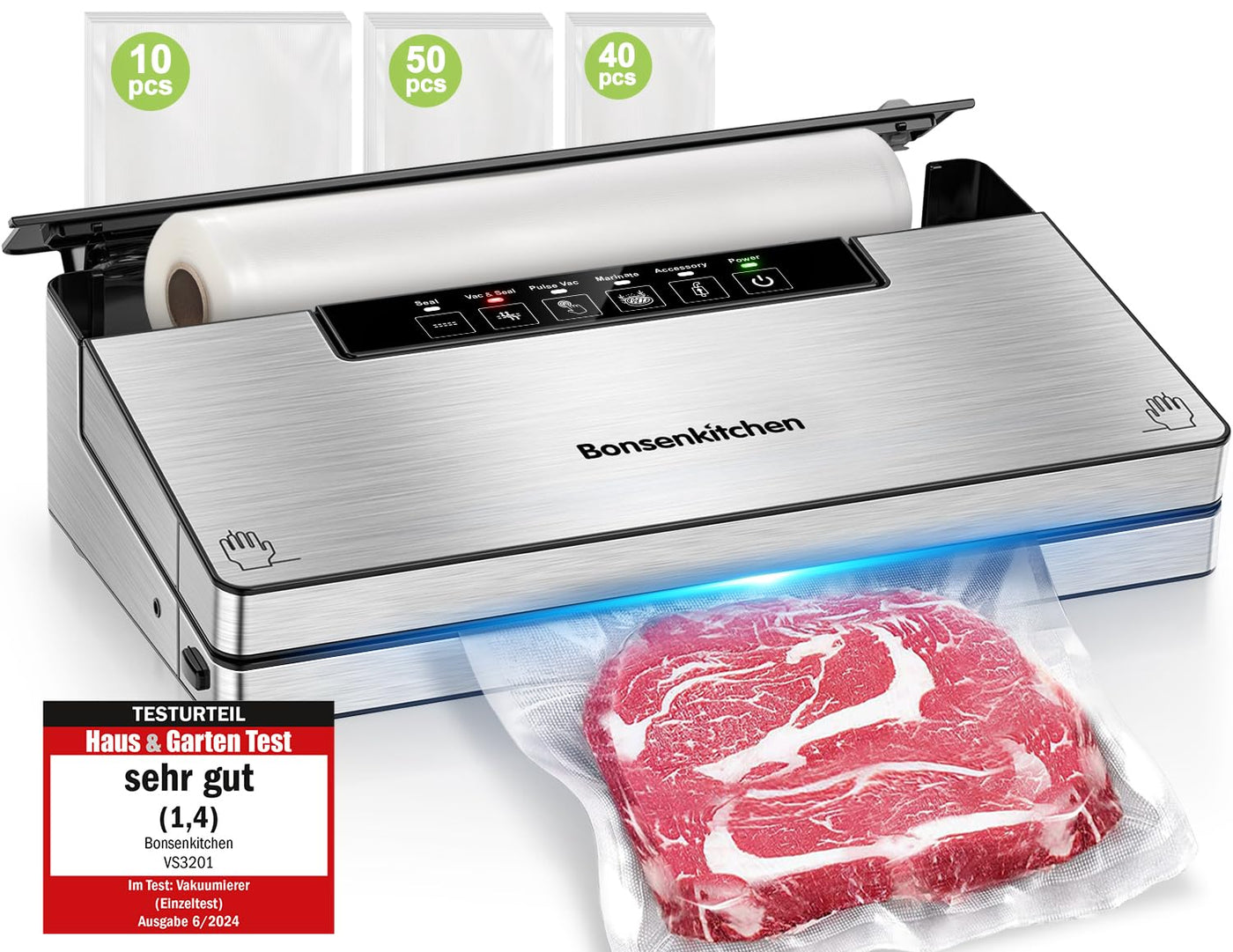 Bonsenkitchen Vakuumierer, Stark Vakuumiergerät mit 5 Modi, 8 L/Min, Globefish-Technologie für Kontinuierliches Arbeiten mit Hoher Geschwindigkeit, Enthält 100 Vakuumbeutel und 1 Rollbeutel