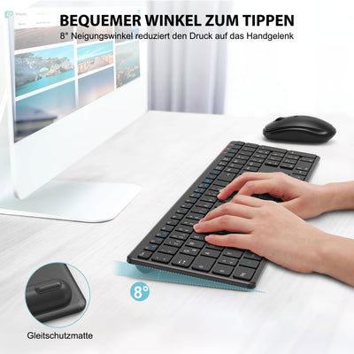 Tastatur Maus Set Kabellos, SABLUTE 2,4GHz UltraDünn Leise Kabellose Tastatur und Maus, Ergonomisch Funktastatur in Voller Größe mit 19 Sondertasten und einen Nummernblock, für PC, Laptop, Windows