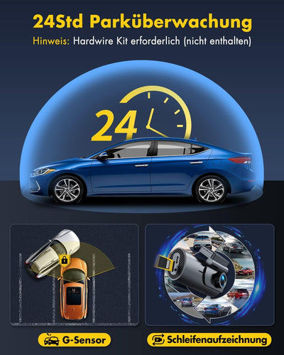 GKU Dashcam Auto Vorne Hinten 4K+1080P, 5GHz WiFi Dash Cam mit 64GB SD Karte, Auto Kamera mit Parküberwachung, Super Nachtsicht, WDR, 170° Weitwinkel, G-Sensor, Loop-Aufnahme, APP Steuerung, Max 256GB
