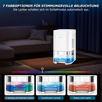 Luftentfeuchter elektrisch,1200ml Raumentfeuchter für zuhause,klein dehumidifier Automatisches Abtauen für Keller Badezimmer,7 Farben Licht Entfeuchter mit Timer -Gegen Feuchtigkeit,Nacht modi