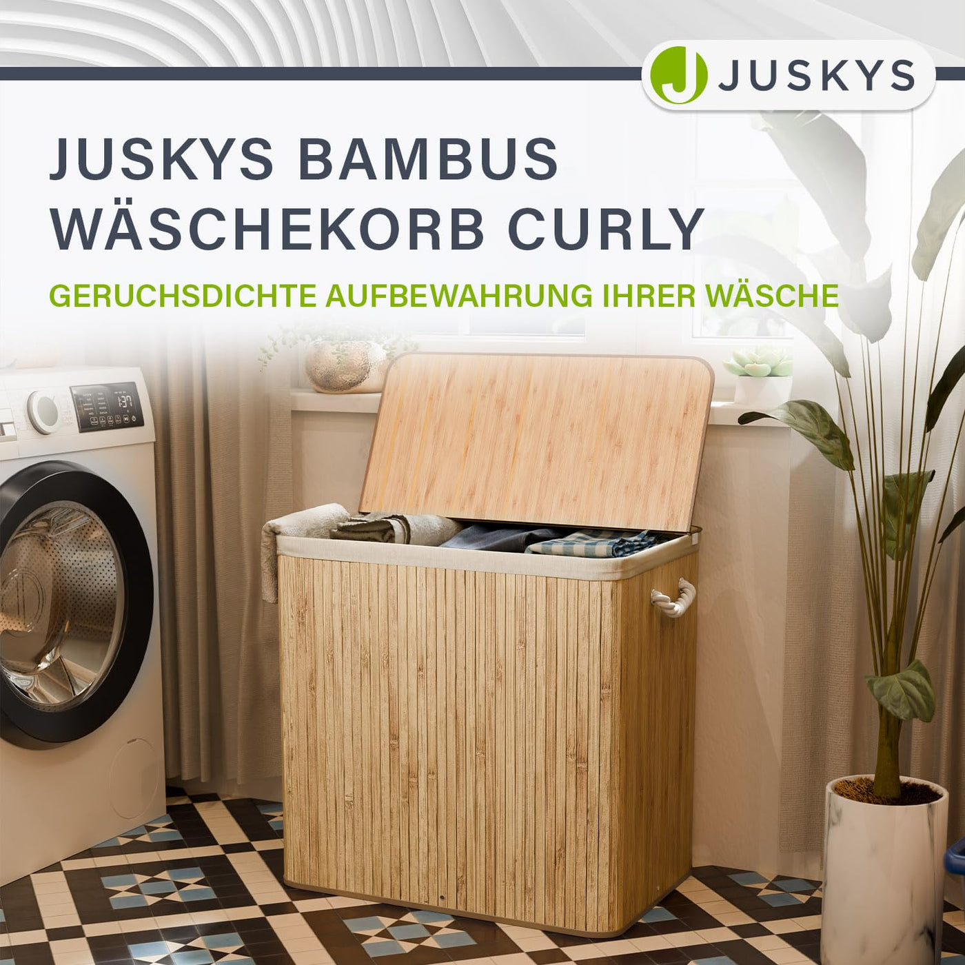 Juskys Bambus Wäschekorb Curly Natur 150L - Hygienischer Wäschekorb mit Deckel, Tragegriff & Wäschesack - 3 Fächer - Natürliche Bambus Optik