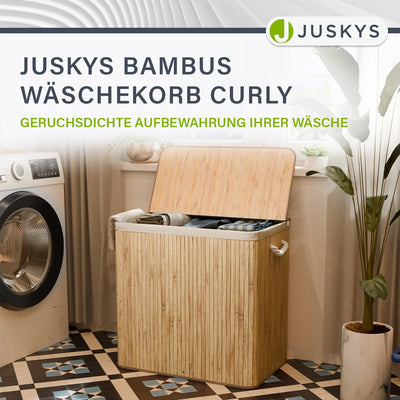 Juskys Bambus Wäschekorb Curly Natur 150L - Hygienischer Wäschekorb mit Deckel, Tragegriff & Wäschesack - 3 Fächer - Natürliche Bambus Optik