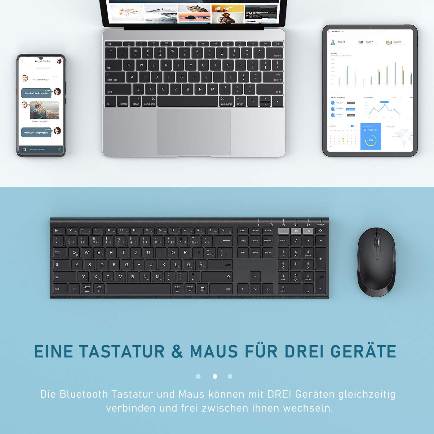 seenda Bluetooth Tastatur mit Maus Kabellos, Dual Bluetooth & 2.4G USB-Stick Tastatur Maus Set Kabellos, Wiederaufladbare Funktastatur Maus mit DE Layout für Mac/Windows/Android - Schwarz