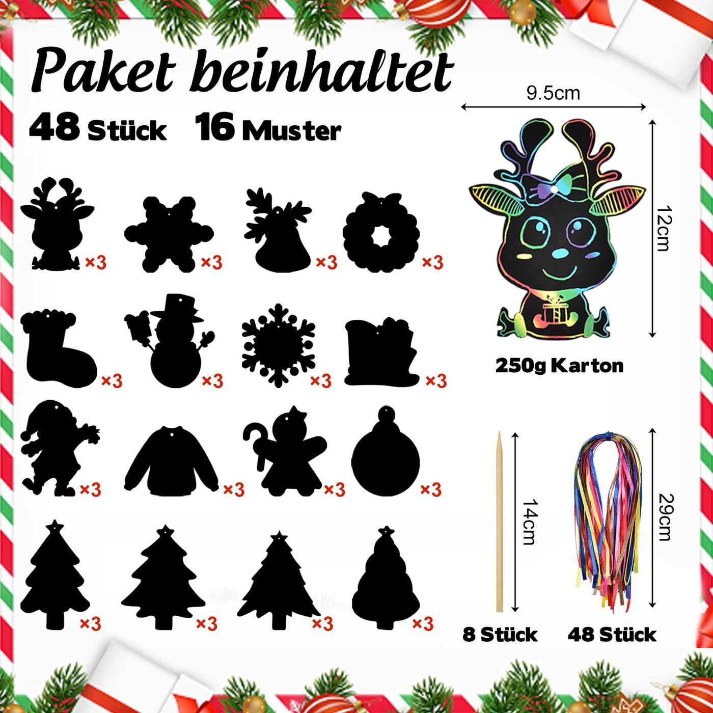 48 Stück Weihnachten Kratzbilder für Kinder, Regenbogen Scratch Art Set Kratzpapier zum Basteln, Scratch Paper mit 8 Holzstiften 48 Bändern Für Weihnachtsdeko, Adventskalender Füllung Für Kinder