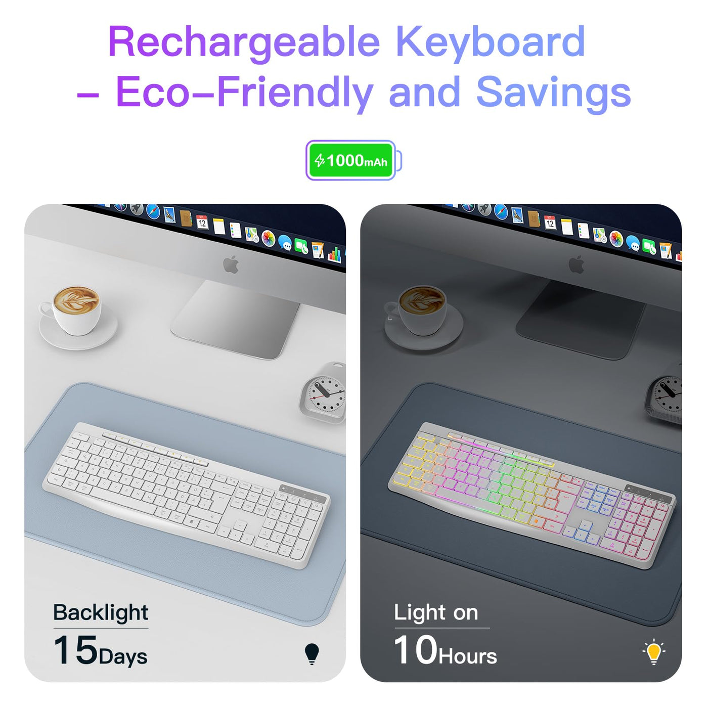 TECURS Tastatur Kabellos Gaming – Leise Tastatur QWERTZ Beleuchtete Ergonomische wasserdichte 2,4 GHz LED-Tastatur für Windows/Mac/PS4/Xbox mit Multimedia-Tasten Weiß