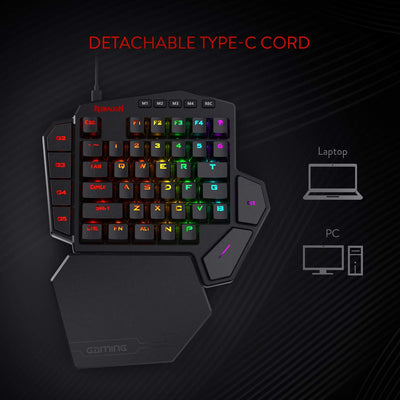Redragon K585 DITI Einhand RGB Mechanische Gaming-Tastatur, Rote Schalter, Typ-C Professionelle Gaming-Tastatur mit 7 Integrierten Makrotasten, Abnehmbare Handgelenkstütze, 42 Tasten