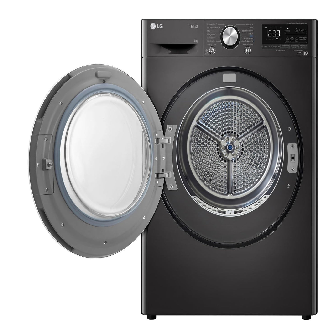 LG RT80V9B, Klasse A+++,Trockner 8 kg, Wärmepumpentrockner mit Kurzprogramm, Trockensensor, Trommelmaterial aus Edelstahl, 60 x 69 x 85 cm ꟷ Schwarz
