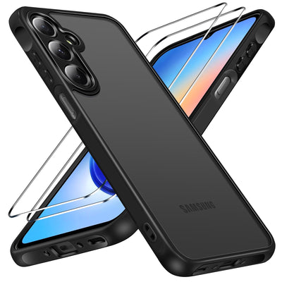 iVoler Hülle für Samsung Galaxy A35 5G mit 2 Stück Panzer Schutz Glas, [Militärstandard] Stoßfest [Kameraschutz] Handyhülle, Matt Durchscheinende Rückseite Anti-Fingerabdruck Schutzhülle Case, Schwarz