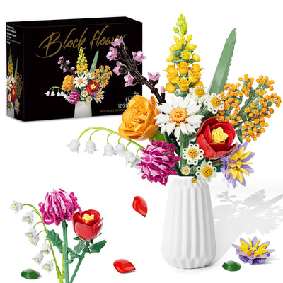 Blumenstrauß Bausatz, 1070 Stück Blumen Bauspielzeugset 10 Künstliche Blumen für Flowers, Botanical Kollektion Bauklötze, Geschenke zum Muttertag, Geburtstag, Muttertag, Vase Nicht Enthalten