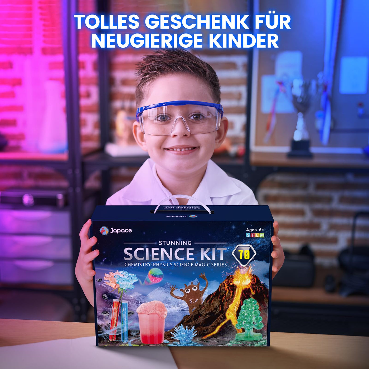 Japace 70 Experimente für Kinder, Wissenschaft Experimentierkasten Labor STEM Spielzeug 4-6-8-10-12 Jahre Geschenke für Jungen Mädchen, Chemie-Set, Kristalle Züchten, Vulkan, Gummiball