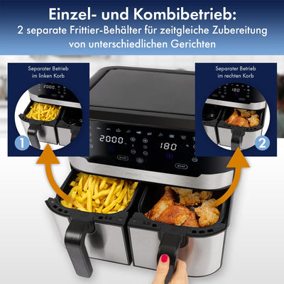 ProfiCook® Doppel-Heißluftfritteuse | 9 Liter | XXL Heißluftfritteuse Doppelkammer | Frittieren mit heißer Luft ohne zusätzliches Öl | 9 Programme | Air Fryer |Touchscreen | 2400 Watt | PC-FR 1242 H