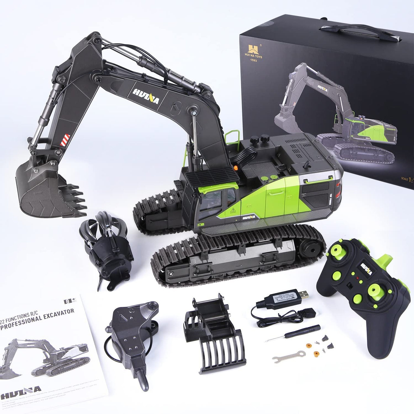 Generisch Huina 1593 Ferngesteuertes Baggerspielzeug, RC-Bagger-Sandkasten mit voll funktionsfähiger Bagger-Fernbedienung und Metallschaufel, ferngesteuert, mit Akku und Ladegerät, 2 Akkus, 3 Aufsätze
