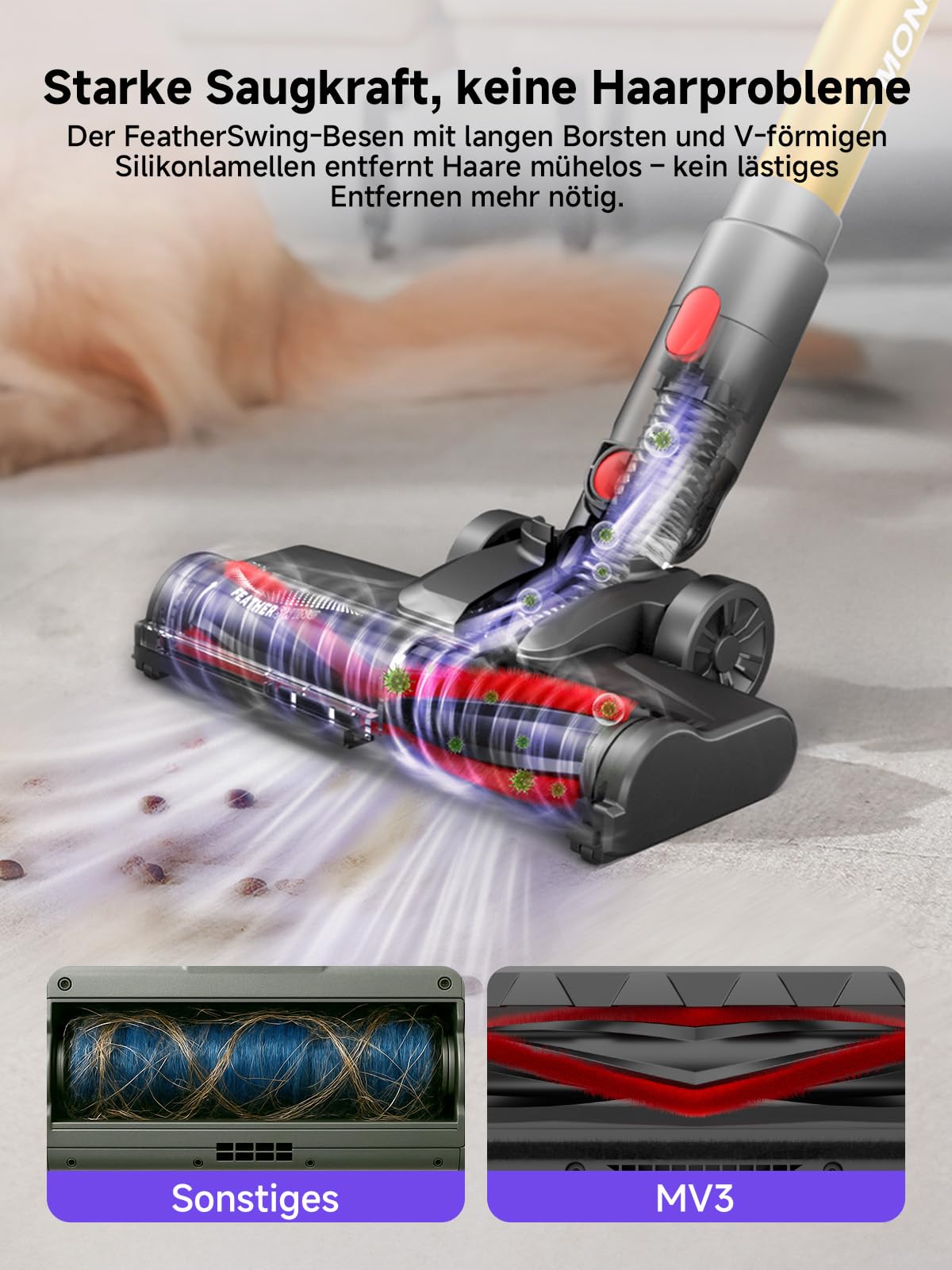 MONSGA Akku Staubsauger,45000Pa/50Mins Staubsauger Kabellos mit Display/Anti-Tangle-Bürste,Selbststehend,Wandladestation,8-Schicht-Filtration,Bürstenloser Motor,für Hartböden Teppiche Tierhaare Auto