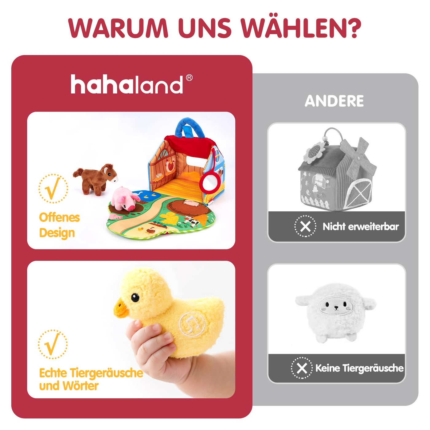 hahaland Bauernhof Baby Spielzeug 6 Monate mit 2-in-1 Scheunen & Spielmatten,7 Sensorik Plüschtiere Set– Macht Tiergeräusche & Spricht Englische Tiernamen,Montessori Baby Geschenk ab 6 7 8 9 10 Monate
