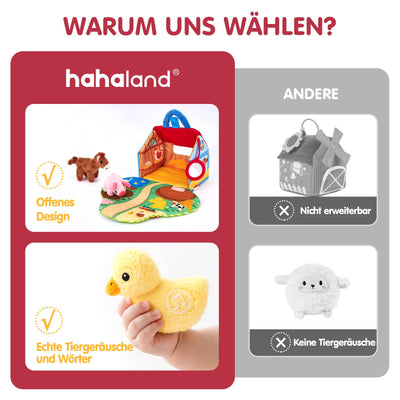 hahaland Bauernhof Baby Spielzeug 6 Monate mit 2-in-1 Scheunen & Spielmatten,7 Sensorik Plüschtiere Set– Macht Tiergeräusche & Spricht Englische Tiernamen,Montessori Baby Geschenk ab 6 7 8 9 10 Monate