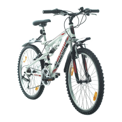 Multibrand Distribution Probike Speed 24 Zoll Mountainbike vollgefedert, 18 Gänge, Fahrrad für Jungen, Mädchenfahrrad, geeignet von 130-155 cm (weiß, rot, matt)