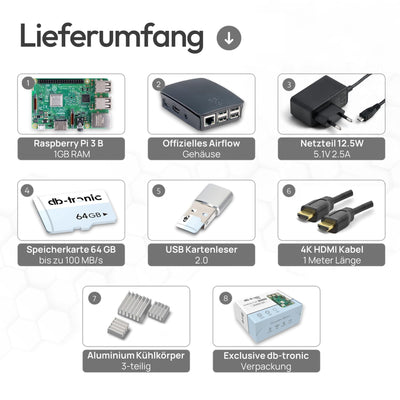 Raspberry Pi 3 B Starter-Set | Netzteil | Gehäuse | 64GB SD-Karte | HDMI Kabel 1m | USB-Kartenleser | Kühlkörper | Raspberry Pi 3 B 1GB RAM