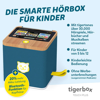 tigermedia tigerbox Touch Plus Royal Sun dunkelblau | Streaming-Hörbox für Kinder | Stereo-Klang | Farb-Touchdisplay | Hörspielbox mit Nachtlicht | Bluetooth-Kopfhöreranschluss | extra starker Akku
