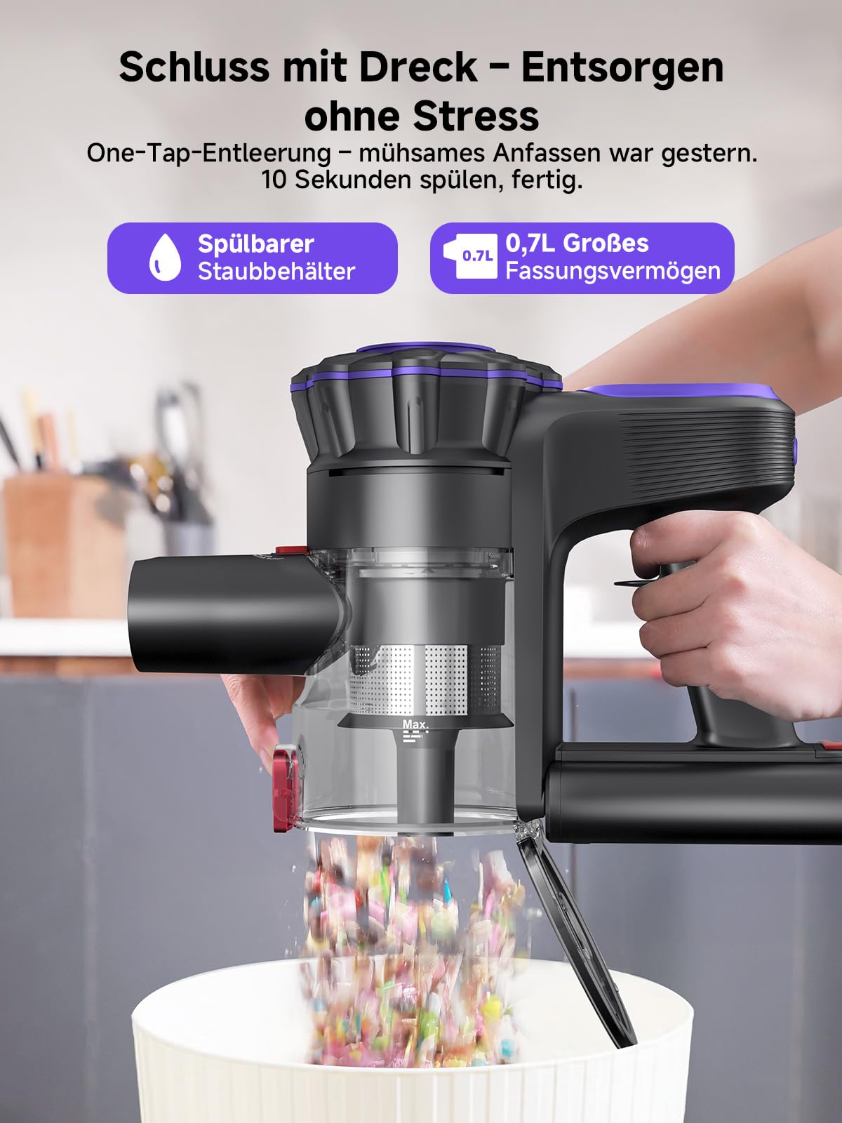 MONSGA Akku Staubsauger,45000Pa/50Mins Staubsauger Kabellos mit Display/Anti-Tangle-Bürste,Selbststehend,Wandladestation,8-Schicht-Filtration,Bürstenloser Motor,für Hartböden Teppiche Tierhaare Auto
