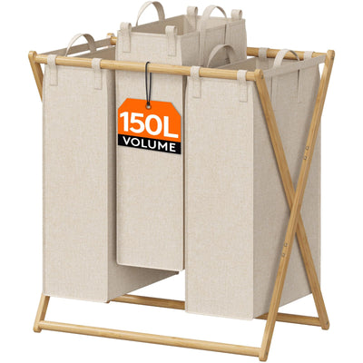 Lifewit 3 Fächer Faltbare 150L Wäschekorb Großer Bambus Frame Wäschesammler Wäschesack Faltbare Schmutzige Kleidung Sorter mit 3 Abnehmbaren Taschen，Wäschesortierer Bambus Beige