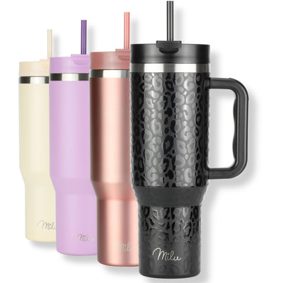 Milu Thermobecher 1,2L mit Strohhalm und Henkel 48h Eis/24h kalt/12h heiß Edelstahl Tumbler 40oz mit Griff - Isolierbecher to go Isolierflasche Trinkflasche doppelwandig isoliert (Black Leopard, 1,2L)