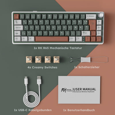 RK ROYAL KLUDGE R65 Gaming Tastatur 60 Prozent mit Knopf, Gasket Mechanische Tastatur Kabellos Bluetooth/2.4G/USB-C RGB PBT Tastenkappen QWERTZ QMK/VIA, Hot Swap Linearer Creamy Switches