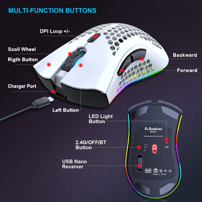 JYCSTE Bluetooth Gaming Maus, Light Honeycomb Maus mit RGB Hintergrundbeleuchtung, einstellbare DPI, Bluetooth 2.4G Wireless Rechargeable Ergonomic Optical Sensor Mouse (Dual Mode-White)