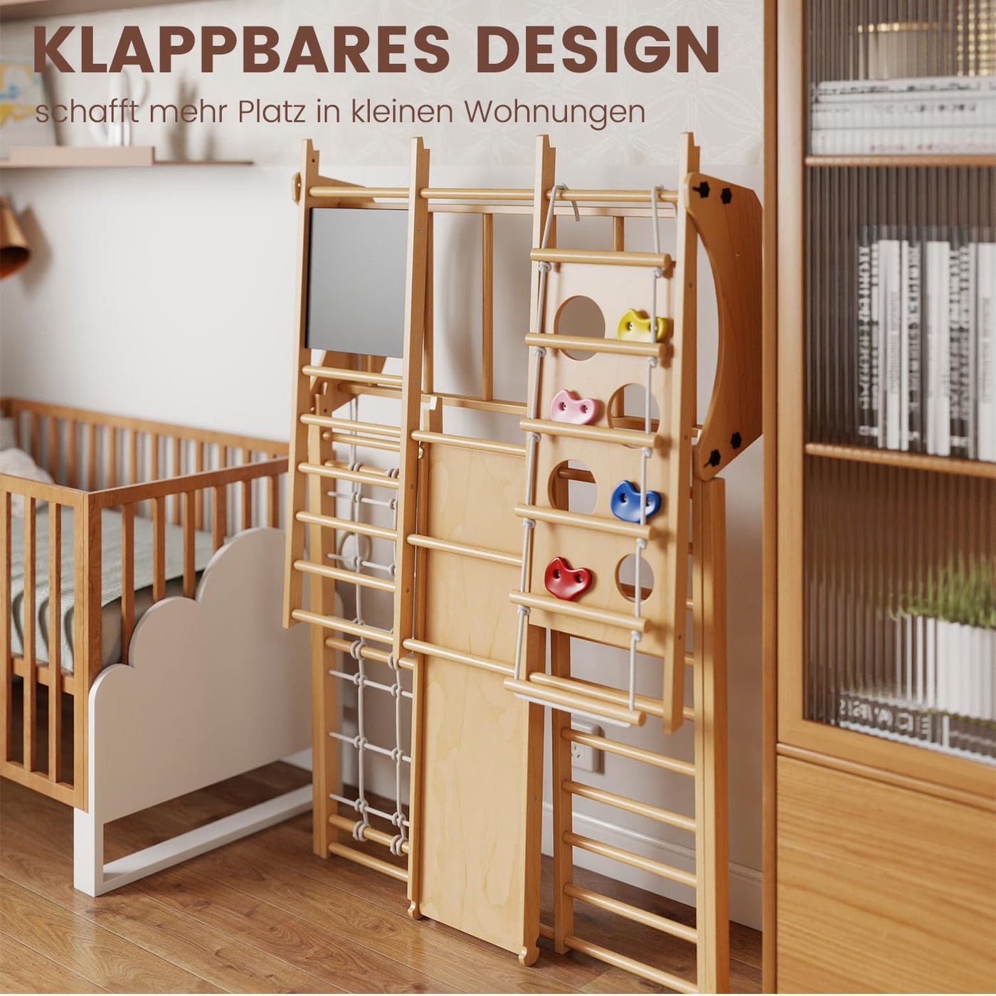 Freelawn Klettergerüst Indoor Montessori 9-in-1 Holz Spielplatz - Kletternetz, Rutsche, Sprossenwand für Kinder 1-6 Jahre (Natur)