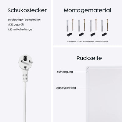 Könighaus Infrarotheizung - 130 Watt im Querformat (Kabelausgang unten) - Inkl. TÜV SÜD & 5 Jahren Garantie - Doppelter Überhitzungsschutz - Wärmt in 2 Minuten = Energiesparend - Infrarot Wandheizung